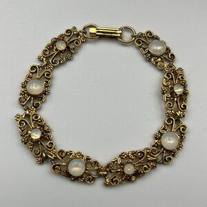 Vintage 1950’s Florenza Faux Opal Victorian Filigree Goldtone Link Bracelet